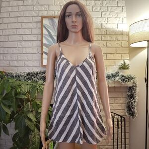 Flax Linen Top Sleeveless Diagonal Stripes Women's V Neck Long Line Tunic